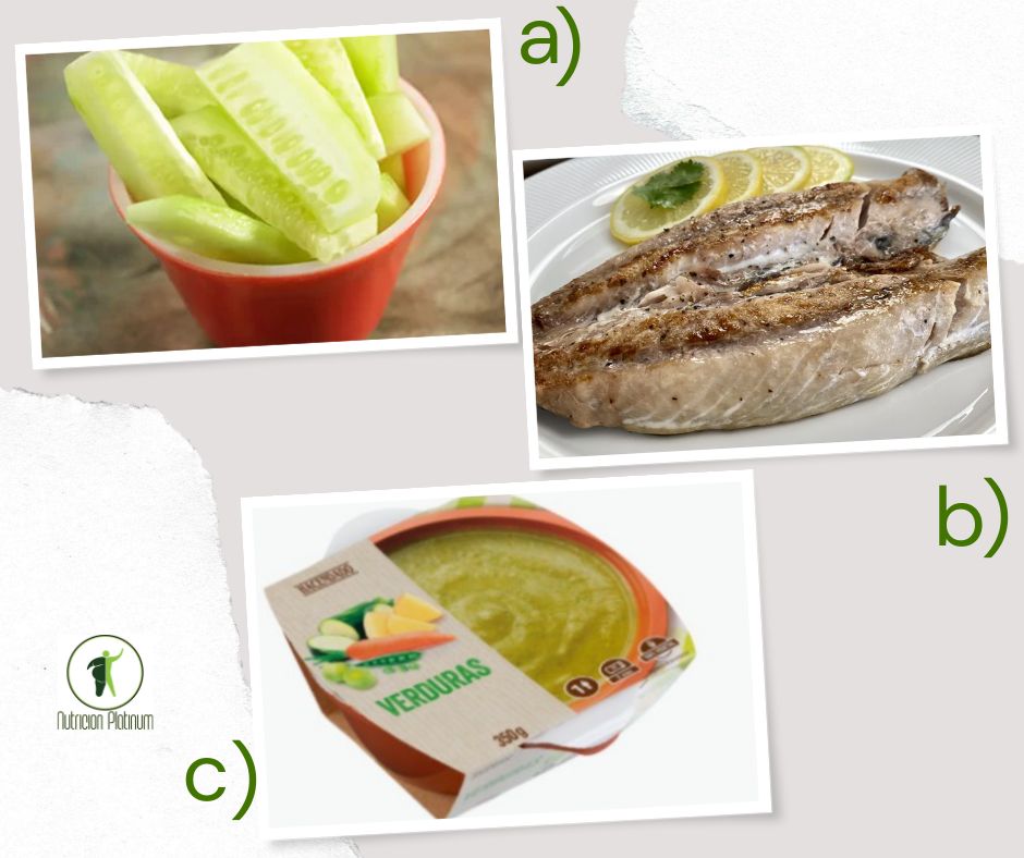 Palitos de pepino con caballa a la plancha y crema de verduras.